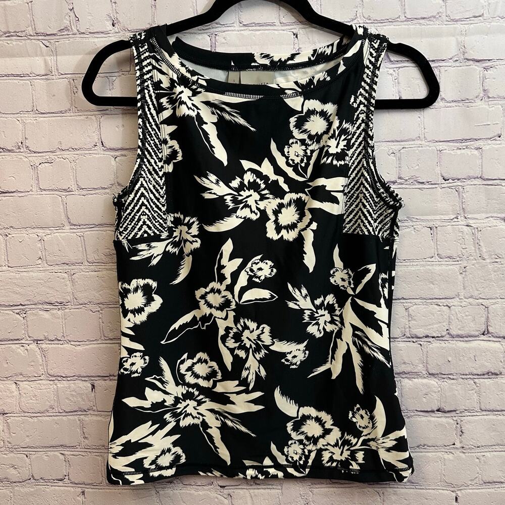 Athleta Molokai Rash Guard Tank Top Black Cream Floral Women's Small Beach
